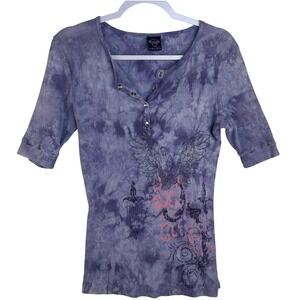 Sledge USA Vintage Tie Dye Henley Top Purple Wings Graphic Y2K Ribbed XL Mens